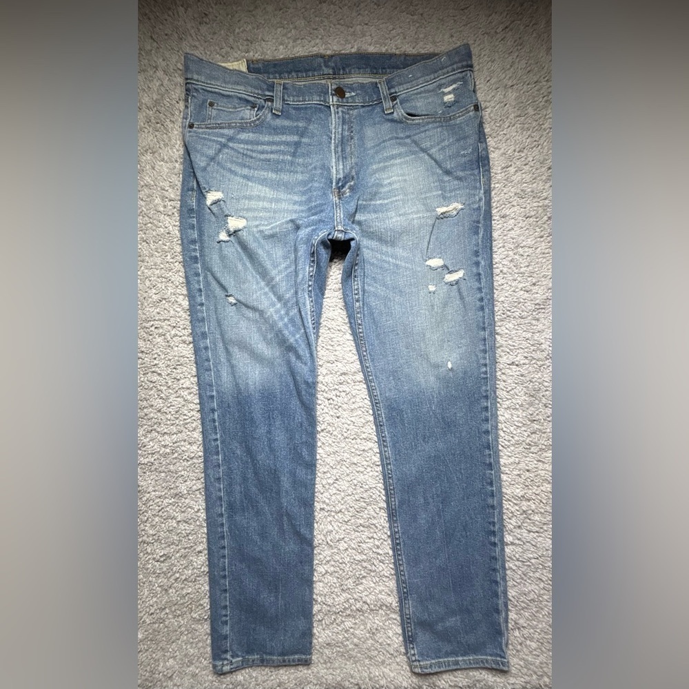 Hollister Jeans Mens 36 x 32 Super Skinny Distressed Holes Flex Light Denim